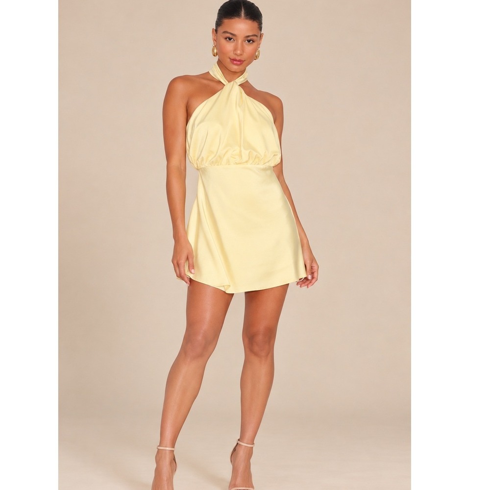 Lulus Pale Yellow Satin Halter Mini Dress Cutout Back Size M New